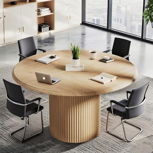 Tribesigns 47" Round Conference Table for 4-6 People, Farmhouse Wooden Meeting Room Table with Sturdy Fluted Metal Base, Modern Office Training Desk for Office, Conference Room in Saudi Arabia