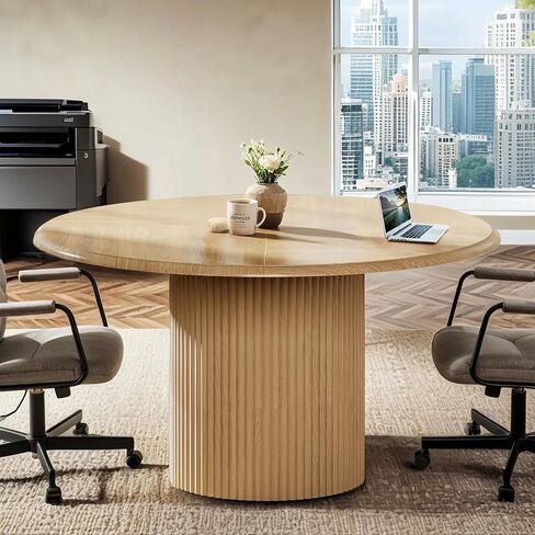 Tribesigns 47" Round Conference Table for 4-6 People, Farmhouse Wooden Meeting Room Table with Sturdy Fluted Metal Base, Modern Office Training Desk for Office, Conference Room in Saudi Arabia