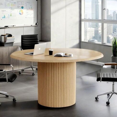 Tribesigns 47" Round Conference Table for 4-6 People, Farmhouse Wooden Meeting Room Table with Sturdy Fluted Metal Base, Modern Office Training Desk for Office, Conference Room in Saudi Arabia