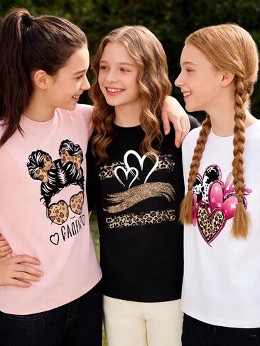 3-Pack Girls Short Sleeve Graphic Tees, Printed Crew Neck T-Shirts for Kids 8–14 in Saudi Arabia