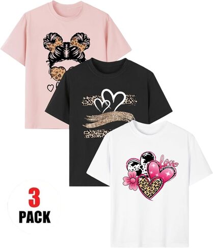 3-Pack Girls Short Sleeve Graphic Tees, Printed Crew Neck T-Shirts for Kids 8–14 in Saudi Arabia