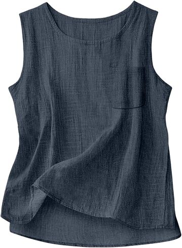 Womens Cotton Linen Tank Tops 2026 Loose Causal Sleeveless Summer Shirts Crew Neck Gauze Camisole with Front Pocket in Saudi Arabia