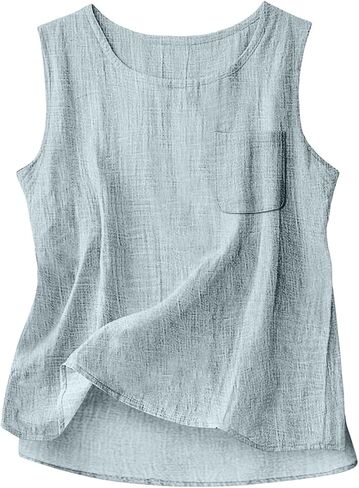 Womens Cotton Linen Tank Tops 2026 Loose Causal Sleeveless Summer Shirts Crew Neck Gauze Camisole with Front Pocket in Kuwait