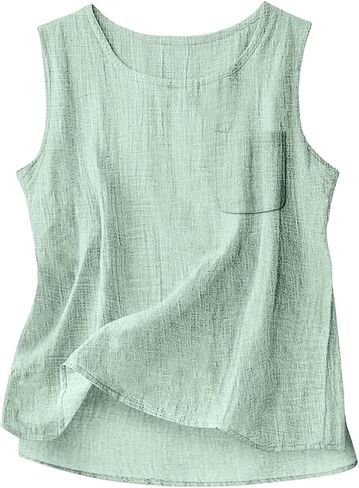 Womens Cotton Linen Tank Tops 2026 Loose Causal Sleeveless Summer Shirts Crew Neck Gauze Camisole with Front Pocket in Kuwait
