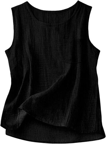 Womens Cotton Linen Tank Tops 2026 Loose Causal Sleeveless Summer Shirts Crew Neck Gauze Camisole with Front Pocket in Kuwait