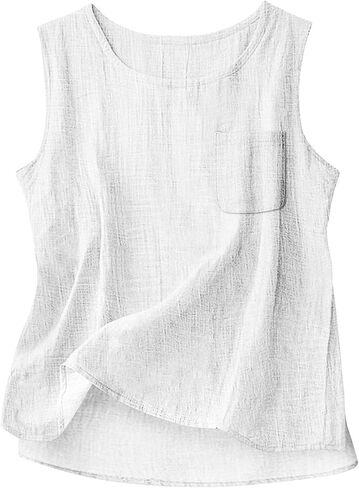 Womens Cotton Linen Tank Tops 2026 Loose Causal Sleeveless Summer Shirts Crew Neck Gauze Camisole with Front Pocket in Kuwait