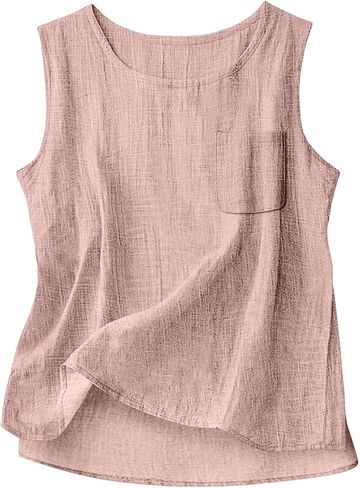 Womens Cotton Linen Tank Tops 2026 Loose Causal Sleeveless Summer Shirts Crew Neck Gauze Camisole with Front Pocket in Kuwait