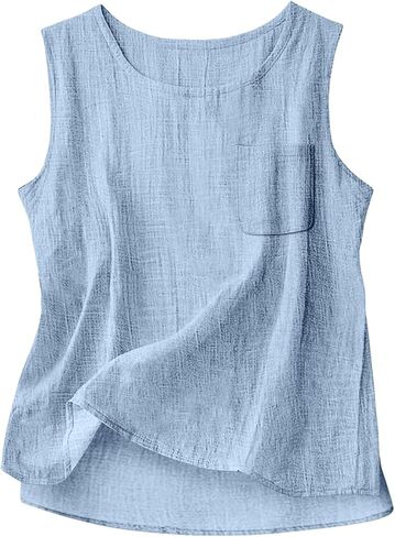 Womens Cotton Linen Tank Tops 2026 Loose Causal Sleeveless Summer Shirts Crew Neck Gauze Camisole with Front Pocket in Kuwait