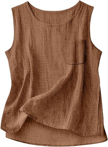 Womens Cotton Linen Tank Tops 2026 Loose Causal Sleeveless Summer Shirts Crew Neck Gauze Camisole with Front Pocket in Kuwait