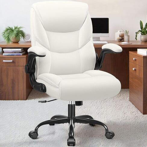 FelixKing Leather Office Chair, Small PU Ergonomic Desk Chair, Comfy Computer Chair with Wheels and Flip-up Armrests, Adjustable Height Mid Back Executive Office Chair for Short People-White in Saudi Arabia