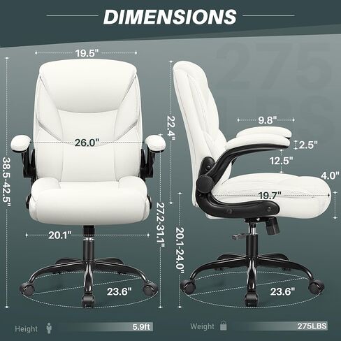 FelixKing Leather Office Chair, Small PU Ergonomic Desk Chair, Comfy Computer Chair with Wheels and Flip-up Armrests, Adjustable Height Mid Back Executive Office Chair for Short People-White in Saudi Arabia