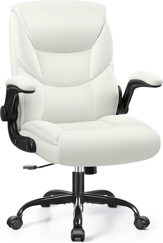 FelixKing Leather Office Chair, Small PU Ergonomic Desk Chair, Comfy Computer Chair with Wheels and Flip-up Armrests, Adjustable Height Mid Back Executive Office Chair for Short People-White in Saudi Arabia