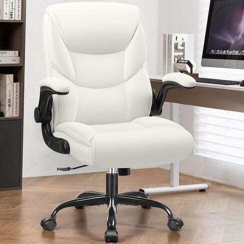 FelixKing Leather Office Chair, Small PU Ergonomic Desk Chair, Comfy Computer Chair with Wheels and Flip-up Armrests, Adjustable Height Mid Back Executive Office Chair for Short People-White in Saudi Arabia