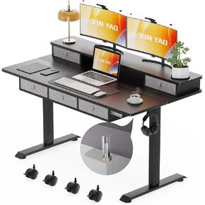 مكتب قائم XINYAO مع 5 أدراج، مكتب وقوف قابل للتعديل بارتفاع كهربائي 63 × 30 بوصة، طاولة مريحة مع مساحة تخزين أكبر لسطح المكتب ومحطات عمل الكمبيوتر in Kuwait