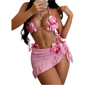 طقم بيكيني مكون من 3 قطع من ملابس السباحة النسائية من MakeMeChic مع تنورة ملفوفة بغطاء للرأس in Kuwait