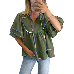 ANRABESS Womens Babydoll Tops 2026 Summer V Neck Boho Blouse Short Lantern Sleeve Dressy Casual Shirts Flowy Peplum T Shirt in Saudi Arabia