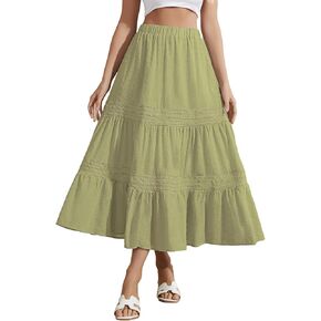 التنانير النسائية الطويلة 2026 الصيف بوهو مرونة عالية الخصر ألف خط تفريغ الدانتيل المتدرج تنورة ماكسي فلوي مع جيوب in Kuwait