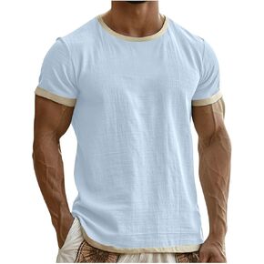 قمصان العضلات للرجال من القطن والكتان قمصان صيفية غير رسمية بأكمام قصيرة ورقبة مستديرة تي شيرت تي شيرت بقصة ضيقة in Kuwait