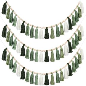 3 Pcs Green Boho Yarn Tassel Garlands Sage Green Wall Hanging Decoration with Wood Beads Neutral Woodland Forest Party Tassel Banner for Nursery Classroom Room Dorm Birthday Baby Shower Deco in Kuwait