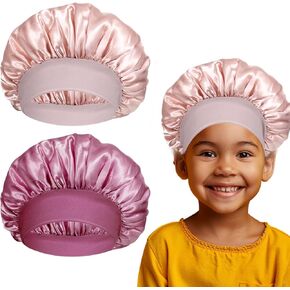 2 PCS Bonnets for Kids Baby Silk Satin Sleeping Cap Kid Bonnets Girl Curly Hair Wrap Elastic Wide Band Bonnet Sleep Cap for Child Toddler Teenager in Kuwait
