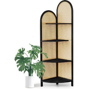 4-Tier Corner Shelf Stand 70" Rattan Corner Shelves Display Shelf Wall Corner Bookshelf with Solid Wood Frame Multi Unit Organizer Rack with Legs for Living Room Decor,Small Space, Natural in Saudi Arabia