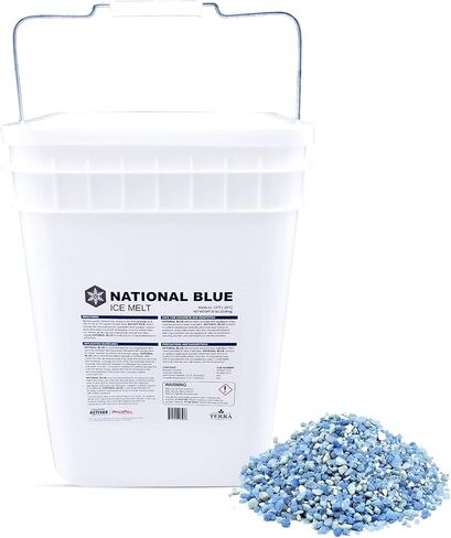National Blue Ice Melt and Snow Salt 20lb Bucket - Fast Acting Ice Melter - Pet, Plant and Concrete Friendly, Environmentally Safe - Free of Magnesium Chloride - Melts to -15°F in Saudi Arabia