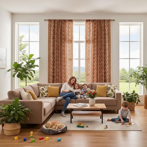 ستائر برتقالية محروقة لغرفة المعيشة ستائر مزرعة منقوشة 2 لوح، بوهو الكتان خمر شرابة الطين الأزهار الخريف نافذة الستار لغرفة النوم غرفة الطعام المطبخ 84 بوصة طويلة in Kuwait