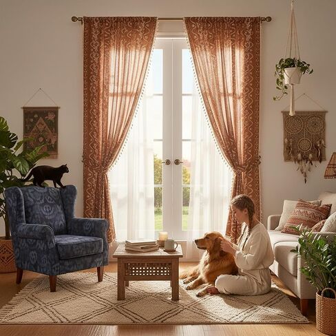 ستائر برتقالية محروقة لغرفة المعيشة ستائر مزرعة منقوشة 2 لوح، بوهو الكتان خمر شرابة الطين الأزهار الخريف نافذة الستار لغرفة النوم غرفة الطعام المطبخ 84 بوصة طويلة in Kuwait