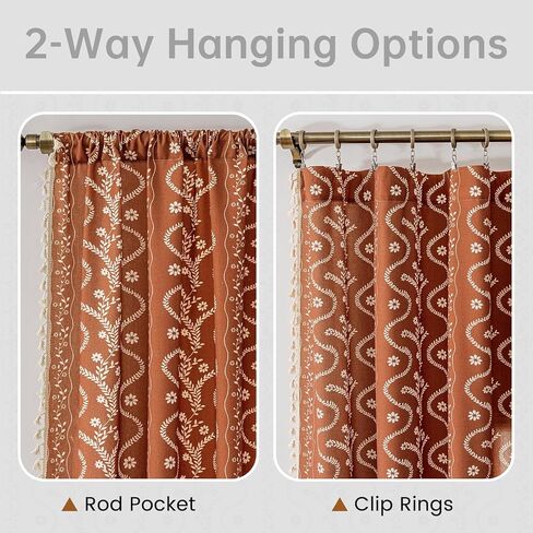 ستائر برتقالية محروقة لغرفة المعيشة ستائر مزرعة منقوشة 2 لوح، بوهو الكتان خمر شرابة الطين الأزهار الخريف نافذة الستار لغرفة النوم غرفة الطعام المطبخ 84 بوصة طويلة in Kuwait