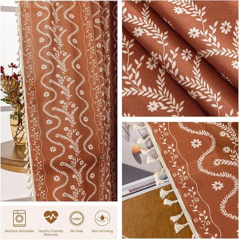 ستائر برتقالية محروقة لغرفة المعيشة ستائر مزرعة منقوشة 2 لوح، بوهو الكتان خمر شرابة الطين الأزهار الخريف نافذة الستار لغرفة النوم غرفة الطعام المطبخ 84 بوصة طويلة in Kuwait