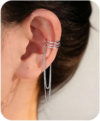 Silver Chain Ear Cuffs Earrings for Women Dainty Tassel Chain Hoop Earrings Layered Non Piercing Wrap Earring Y2K Drop Dangle Cuff Earring Clip on Cartilage Crystal Huggie Clip Hoops Gift for Her in Saudi Arabia