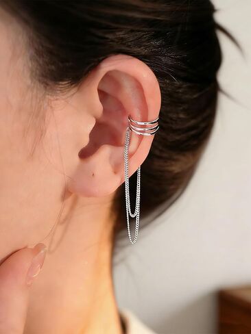 Silver Chain Ear Cuffs Earrings for Women Dainty Tassel Chain Hoop Earrings Layered Non Piercing Wrap Earring Y2K Drop Dangle Cuff Earring Clip on Cartilage Crystal Huggie Clip Hoops Gift for Her in Saudi Arabia