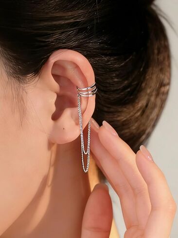 Silver Chain Ear Cuffs Earrings for Women Dainty Tassel Chain Hoop Earrings Layered Non Piercing Wrap Earring Y2K Drop Dangle Cuff Earring Clip on Cartilage Crystal Huggie Clip Hoops Gift for Her in Saudi Arabia