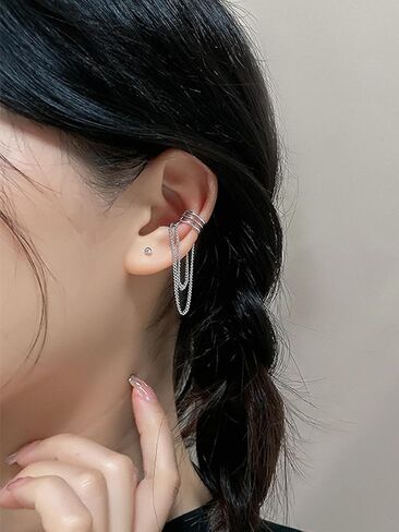 Silver Chain Ear Cuffs Earrings for Women Dainty Tassel Chain Hoop Earrings Layered Non Piercing Wrap Earring Y2K Drop Dangle Cuff Earring Clip on Cartilage Crystal Huggie Clip Hoops Gift for Her in Saudi Arabia