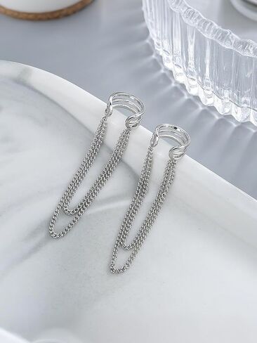 Silver Chain Ear Cuffs Earrings for Women Dainty Tassel Chain Hoop Earrings Layered Non Piercing Wrap Earring Y2K Drop Dangle Cuff Earring Clip on Cartilage Crystal Huggie Clip Hoops Gift for Her in Saudi Arabia