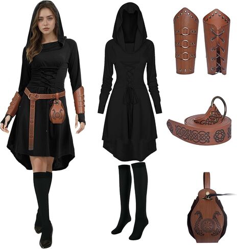 5 Pcs Renaissance Women Costume Medieval Hooded skirt Vintage Arm Guard Printed Belt and Waist bag in Saudi Arabia