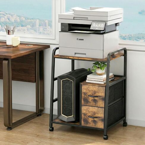 حامل طابعة كبير مع مساحة تخزين ودرجين، طاولة طابعة عالية التحمل لعربة الطابعة للمكتب المنزلي، سعة 200 رطل، مع أقدام وعجلات قابلة للتعديل in Kuwait