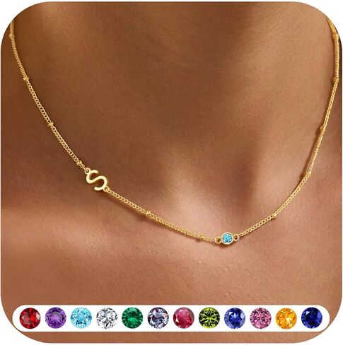 M MOOHAM Easter Basket Stuffers for Teens - Sideways Initial Birthstone Necklaces for Women Teen Girls 14K-Gold-Plated Dainty Initial Necklaces for Women Birthstone Necklace Jewelry Easter Gifts in Saudi Arabia