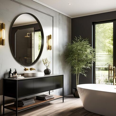 مرآة حمام مستديرة مقاس 30 بوصة - مرآة دائرية مثبتة على الحائط بإطار معدني، مرآة عصرية مناسبة للحمام، والزينة، والمدخل، وغرفة المعيشة، وديكور الحائط، باللون الأسود in Kuwait