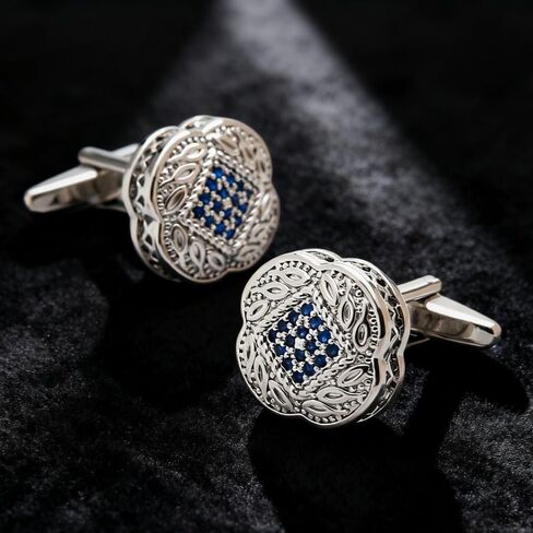 Men's Cufflink Set, Silver with Blue Zircon, Comes with a Gift Box, Can be Used as Accessories and Gifts. Add Color to your Clothes. in Saudi Arabia