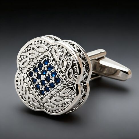 Men's Cufflink Set, Silver with Blue Zircon, Comes with a Gift Box, Can be Used as Accessories and Gifts. Add Color to your Clothes. in Saudi Arabia