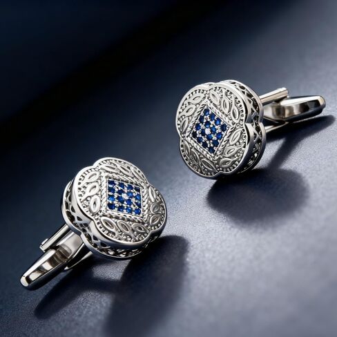 Men's Cufflink Set, Silver with Blue Zircon, Comes with a Gift Box, Can be Used as Accessories and Gifts. Add Color to your Clothes. in Saudi Arabia