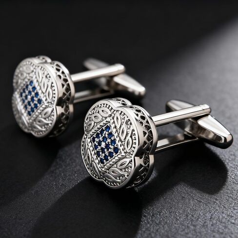 Men's Cufflink Set, Silver with Blue Zircon, Comes with a Gift Box, Can be Used as Accessories and Gifts. Add Color to your Clothes. in Saudi Arabia