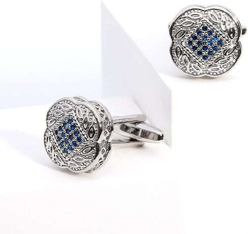 Men's Cufflink Set, Silver with Blue Zircon, Comes with a Gift Box, Can be Used as Accessories and Gifts. Add Color to your Clothes. in Saudi Arabia