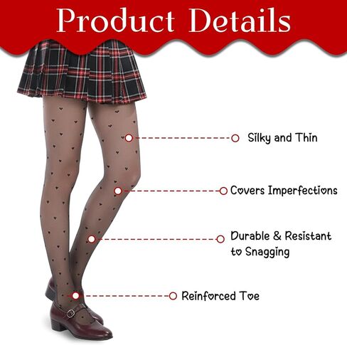 1 Pcs Heart Tights for Women, Black Pattern Tights, Polyester Smooth Stockings with Decorative Heart Design, Sheer Tight for Women Snag Resistant, Fits Waist Under 26in, 39.37in Length in Saudi Arabia