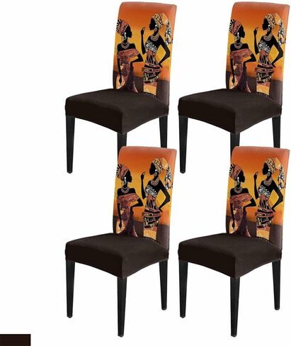 African Black Women Dining Room Chair Covers Set of 4, Stretch Kitchen Chair Cover Protector, Red Orange Ombre Ethnic Abstract Art Chair Slipcovers Removable Chair Seat Cover for Party Banquet in Kuwait