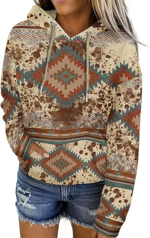 Lanaoree Women's Geometric Horse Print Aztec Hoodie Pullover Cowgirl Western Hooded Sweatshirt S-2XL in Kuwait