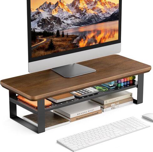 Dual Monitor Stand, 35.4 Inch Monitor Stand Riser for 2 Monitors, 2 Tiers Wood Desk Shelf with Storage, Desktop Organizer Stand for Computer, Laptop, Printer, TV (Black Walnut, 35.4in) in Saudi Arabia