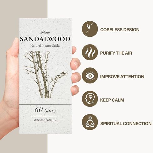 أعواد بخور خشب الصندل، 60 عبوة، أعواد بخور عطرية طبيعية، اختيار مثالي لليوجا والتأمل والاسترخاء، والعلاج العطري لتنقية الهواء والحرق طويل الأمد in Kuwait