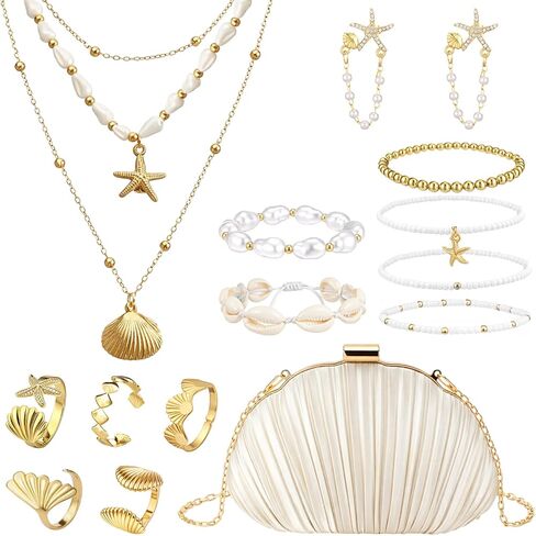 Tondiamo 14 Pcs Seashell Starfish Jewelry Set for Women Shell Clutch Purse Crossbody Bag Boho Summer Beach Mermaid Accessories Layer Necklace Bracelets Rings Earrings Valentines Wedding Gift Vacation in Saudi Arabia